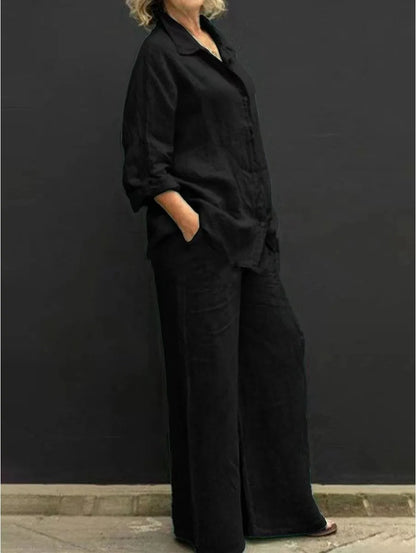 Spring and summer cotton linen suit women's lapel long sleeve loose shirt high waist wide leg pants casual two-piece suit