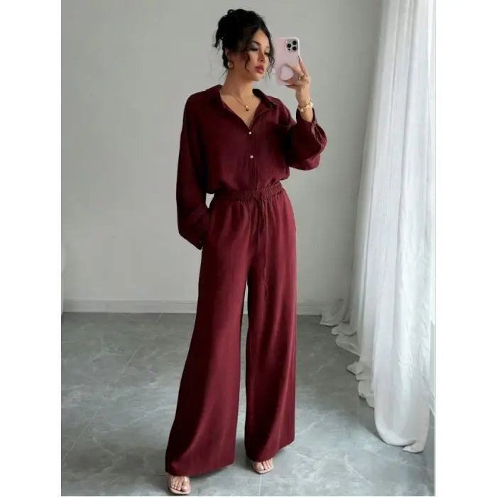 Spring New plus Size Women's Home Clothes Set Loose Long Sleeve Shirt High Waist Wide Leg Pants Two-Piece Pure Color Outfit