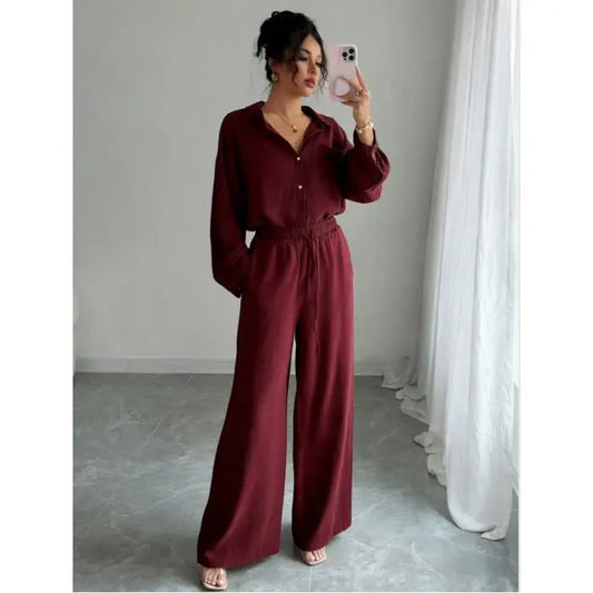 Spring New plus Size Women's Home Clothes Set Loose Long Sleeve Shirt High Waist Wide Leg Pants Two-Piece Pure Color Outfit