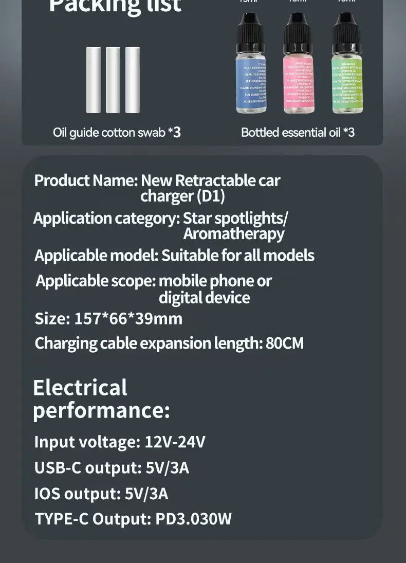 5-In-1 Car Aromatherapy Essential Oil Diffuser Starry Light 45W Retractable Phone Charger with IOS Type C PD30W Cable For IPhone