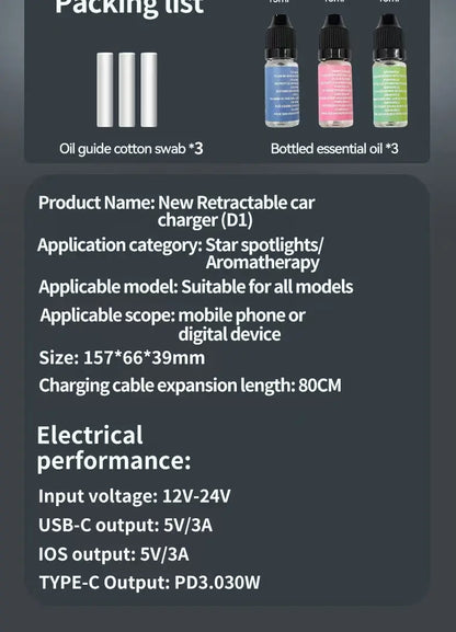 5-In-1 Car Aromatherapy Essential Oil Diffuser Starry Light 45W Retractable Phone Charger with IOS Type C PD30W Cable For IPhone