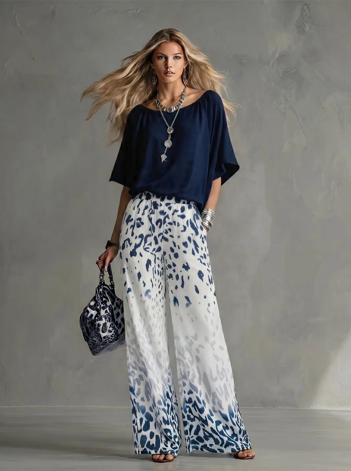 Women Fashion 2-Piece Outfit Flowy Batwing Sleeves Chiffon Blouse Gradient Leopard Print Wide Leg Pants Casual Summer Co-Ord Set