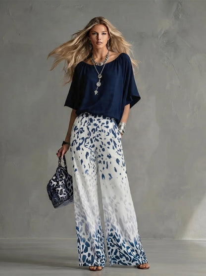 Women Fashion 2-Piece Outfit Flowy Batwing Sleeves Chiffon Blouse Gradient Leopard Print Wide Leg Pants Casual Summer Co-Ord Set