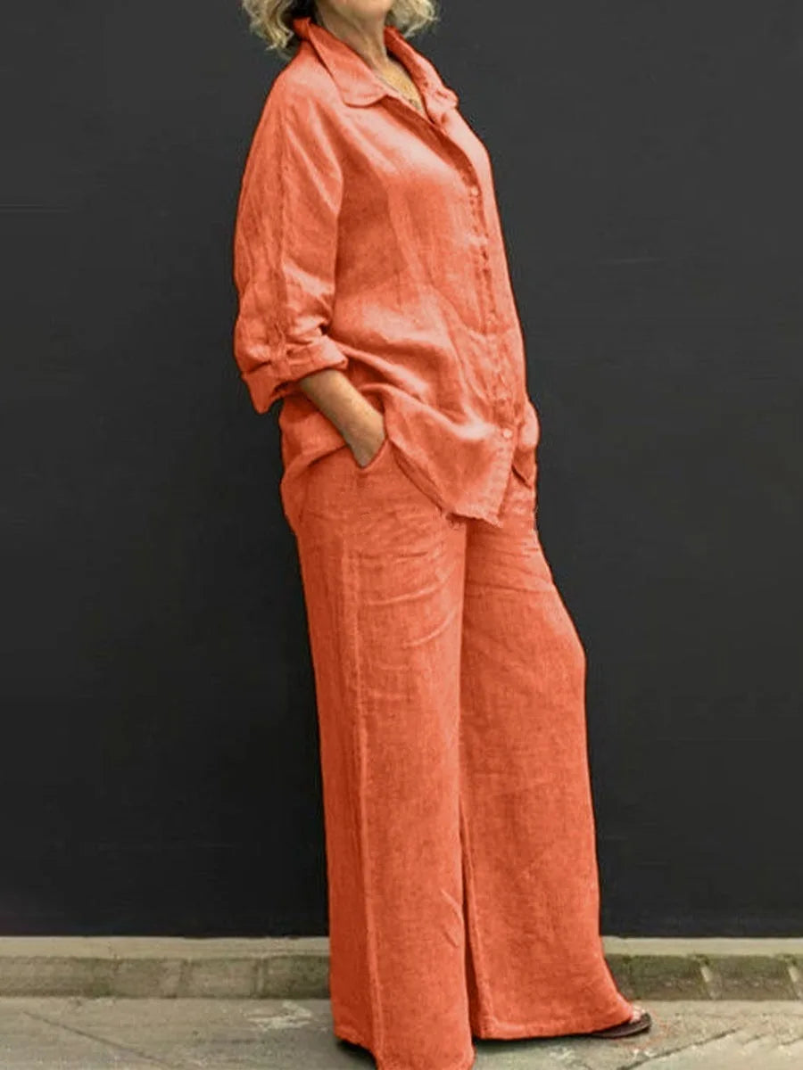 Spring and summer cotton linen suit women's lapel long sleeve loose shirt high waist wide leg pants casual two-piece suit