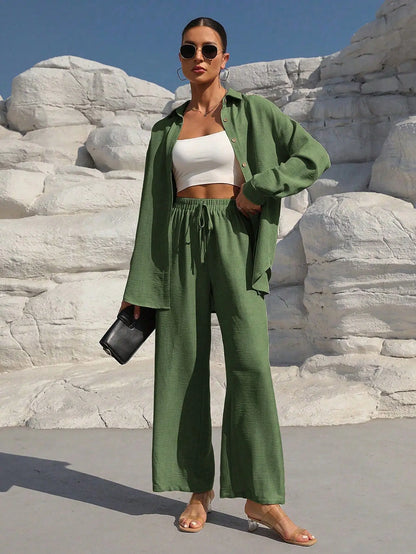 Spring Summer Women Matching Sets Shirts Blouses Solid Color Long Cardigan Pants Trousers Outfits Suits Tracksuits Casual