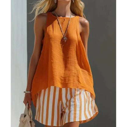 Fashion Solid Color Sleeveless Top Printed Striped Shorts Women's 2 Piece Set Summer Casual Seaside Vacation Female Shorts Set