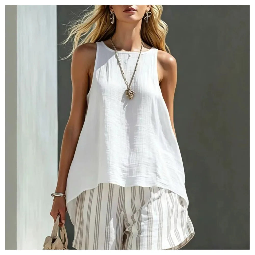 Fashion Solid Color Sleeveless Top Printed Striped Shorts Women's 2 Piece Set Summer Casual Seaside Vacation Female Shorts Set