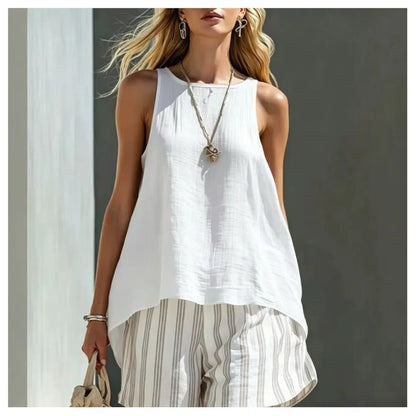 Fashion Solid Color Sleeveless Top Printed Striped Shorts Women's 2 Piece Set Summer Casual Seaside Vacation Female Shorts Set