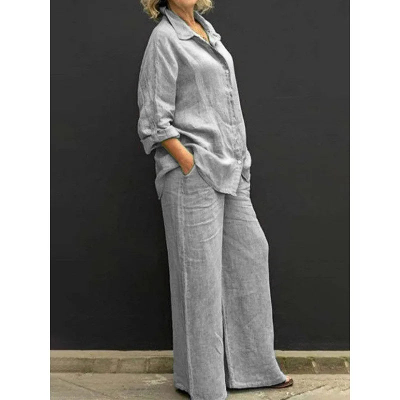Spring and summer cotton linen suit women's lapel long sleeve loose shirt high waist wide leg pants casual two-piece suit