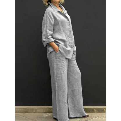 Spring and summer cotton linen suit women's lapel long sleeve loose shirt high waist wide leg pants casual two-piece suit