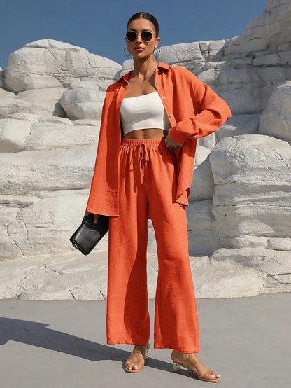 Spring Summer Women Matching Sets Shirts Blouses Solid Color Long Cardigan Pants Trousers Outfits Suits Tracksuits Casual