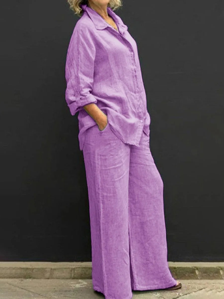 Spring and summer cotton linen suit women's lapel long sleeve loose shirt high waist wide leg pants casual two-piece suit