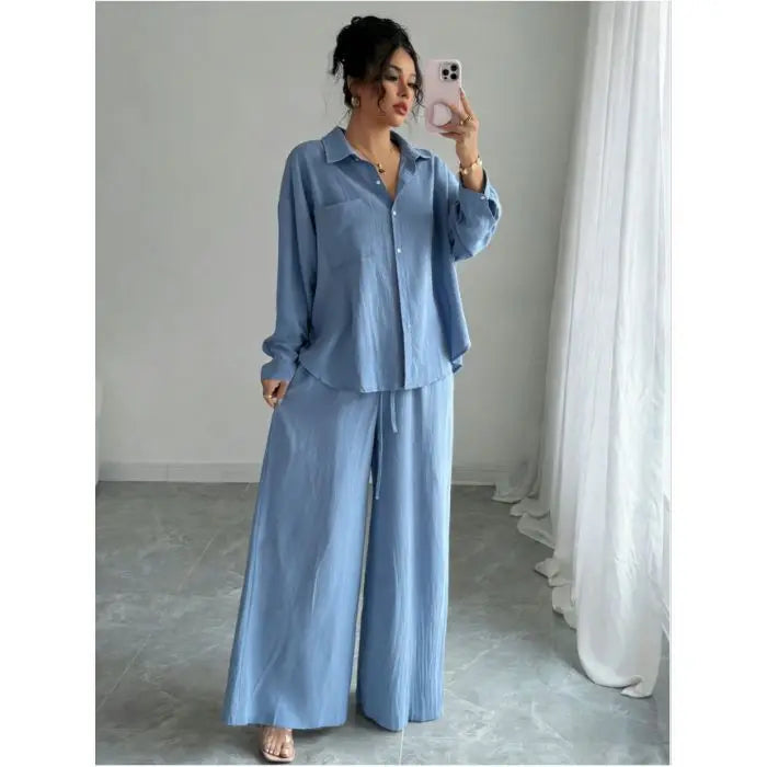 Spring New plus Size Women's Home Clothes Set Loose Long Sleeve Shirt High Waist Wide Leg Pants Two-Piece Pure Color Outfit