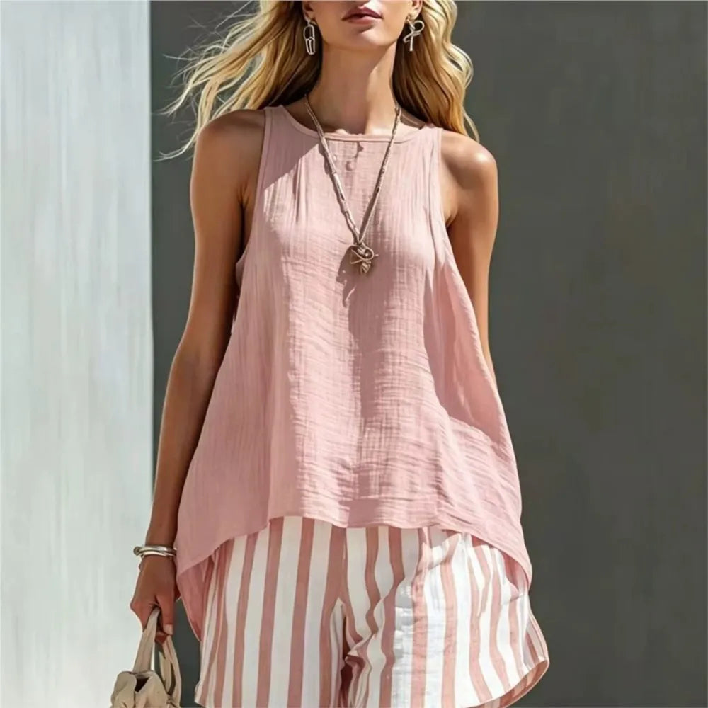 Fashion Solid Color Sleeveless Top Printed Striped Shorts Women's 2 Piece Set Summer Casual Seaside Vacation Female Shorts Set