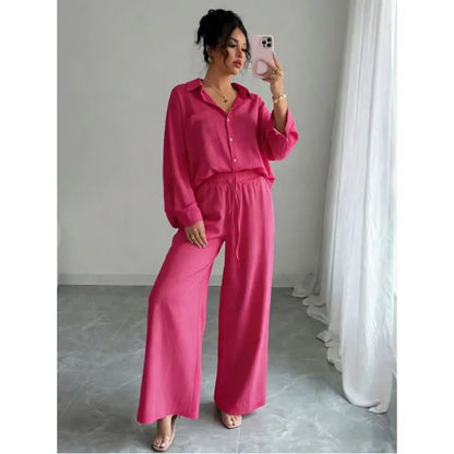 Spring New plus Size Women's Home Clothes Set Loose Long Sleeve Shirt High Waist Wide Leg Pants Two-Piece Pure Color Outfit