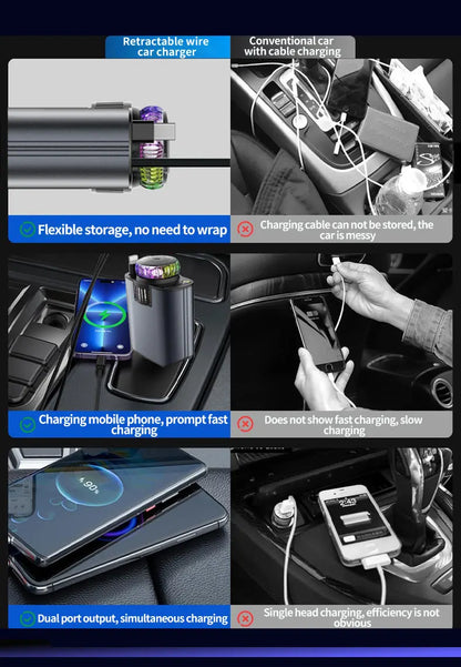 5-In-1 Car Aromatherapy Essential Oil Diffuser Starry Light 45W Retractable Phone Charger with IOS Type C PD30W Cable For IPhone
