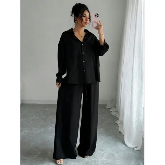 Spring New plus Size Women's Home Clothes Set Loose Long Sleeve Shirt High Waist Wide Leg Pants Two-Piece Pure Color Outfit