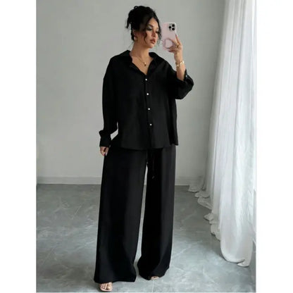 Spring New plus Size Women's Home Clothes Set Loose Long Sleeve Shirt High Waist Wide Leg Pants Two-Piece Pure Color Outfit