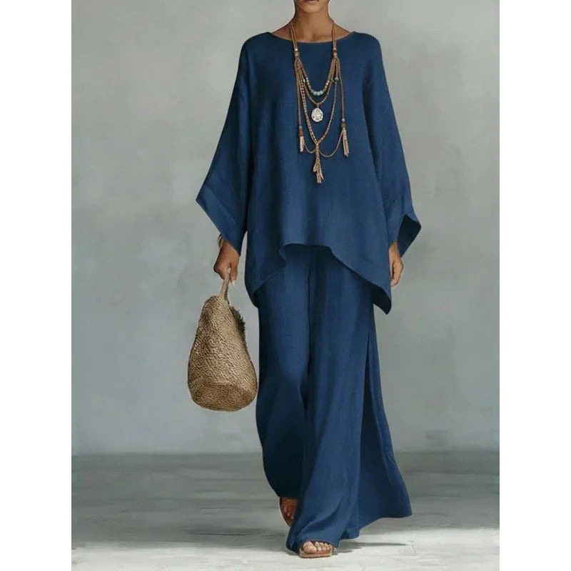 Women's Summer 2-Piece Set Elegant Long Sleeve Top with Casual Wide Leg Pants Fashionable Beach Vacation Outfit