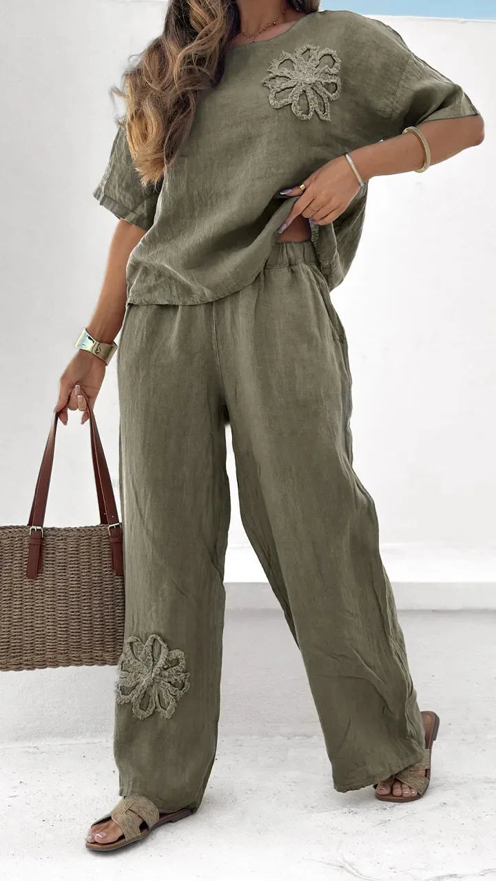 2026 Summer Fashion New Women's Embroidered Cotton and Hemp Set Commuting Leisure Elastic Waist Pants Two Piece Set