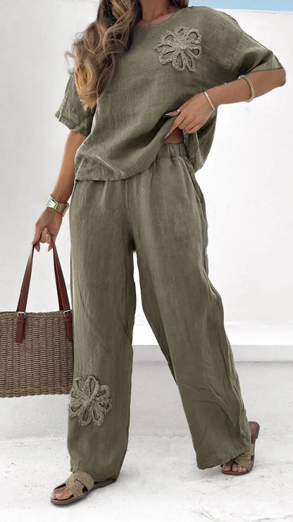 2026 Summer Fashion New Women's Embroidered Cotton and Hemp Set Commuting Leisure Elastic Waist Pants Two Piece Set