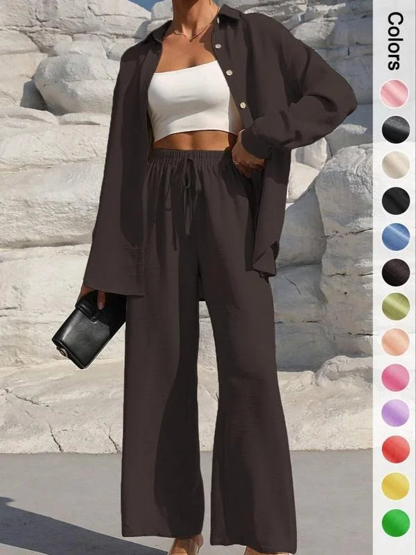 Spring Summer Women Matching Sets Shirts Blouses Solid Color Long Cardigan Pants Trousers Outfits Suits Tracksuits Casual