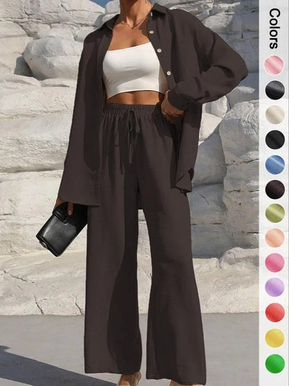 Spring Summer Women Matching Sets Shirts Blouses Solid Color Long Cardigan Pants Trousers Outfits Suits Tracksuits Casual
