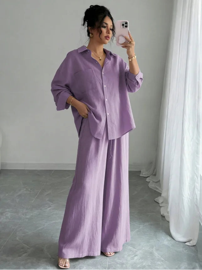 Spring New plus Size Women's Home Clothes Set Loose Long Sleeve Shirt High Waist Wide Leg Pants Two-Piece Pure Color Outfit