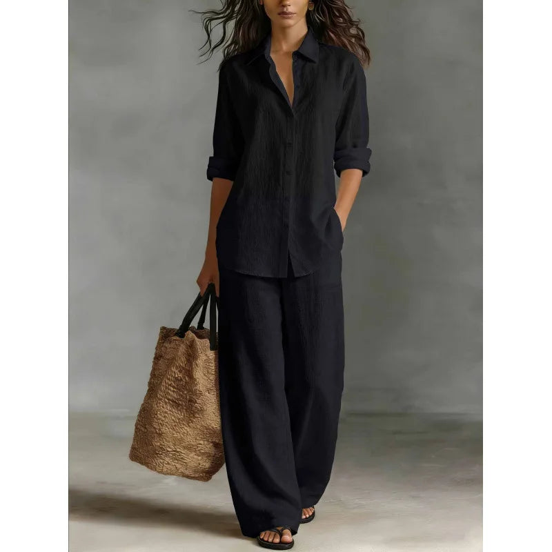 Spring Autumn Loose Cotton Linen Wide Leg Trousers Female Office 2piece Set
