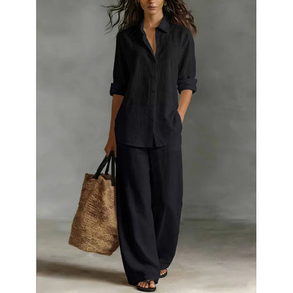 Spring Autumn Loose Cotton Linen Wide Leg Trousers Female Office 2piece Set