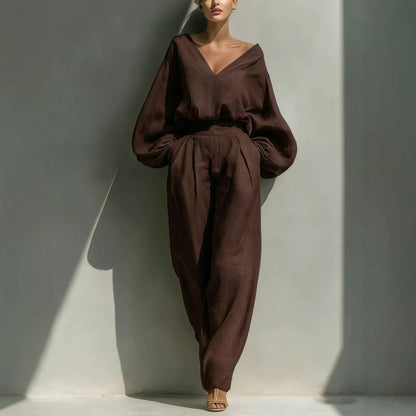 2026 Women's Shirt and Pants Two-Piece Long-Sleeve Loose Fashion Neutral Retro Cotton Hemp Set
