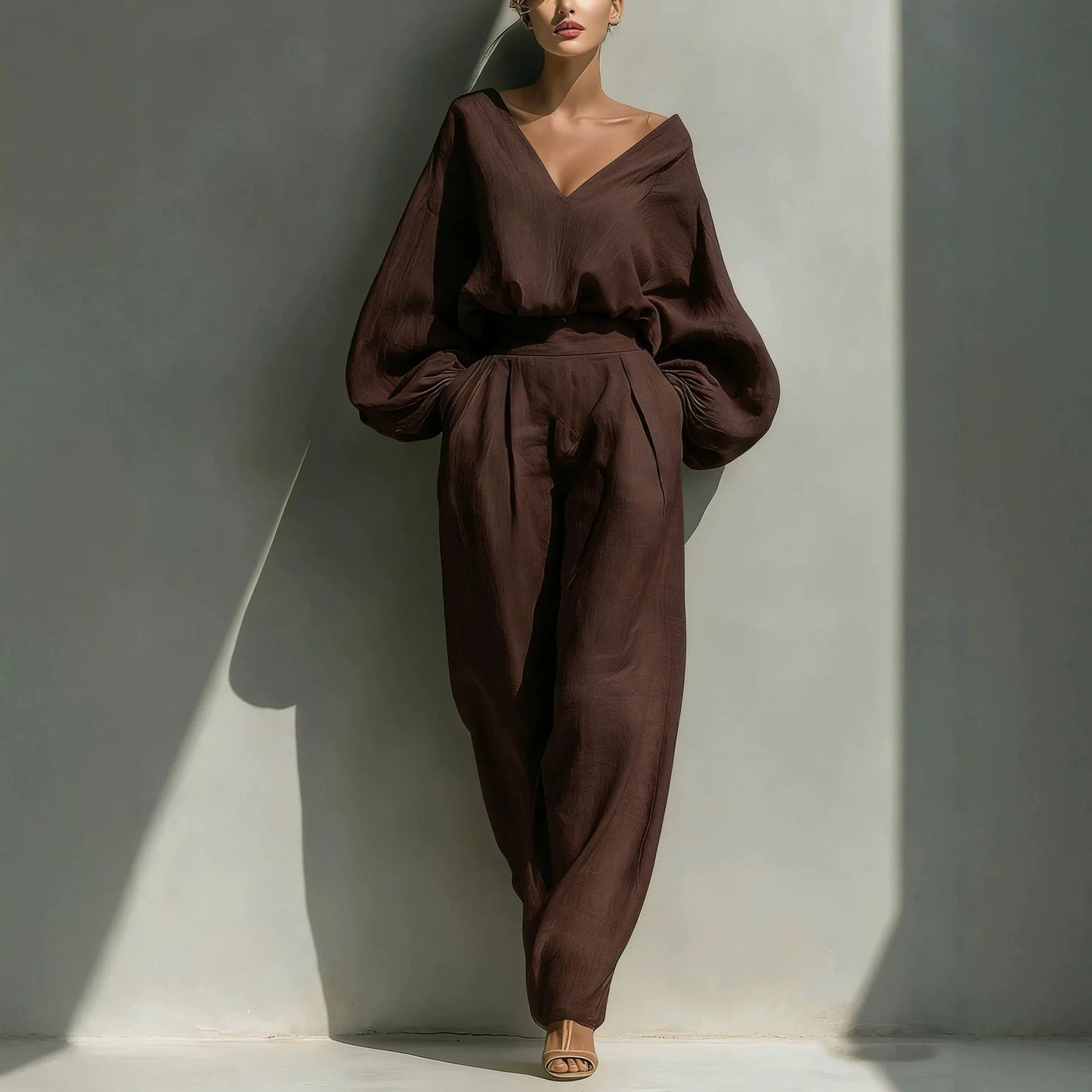 2026 Women's Shirt and Pants Two-Piece Long-Sleeve Loose Fashion Neutral Retro Cotton Hemp Set