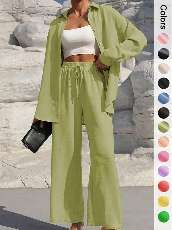 Spring Summer Women Matching Sets Shirts Blouses Solid Color Long Cardigan Pants Trousers Outfits Suits Tracksuits Casual