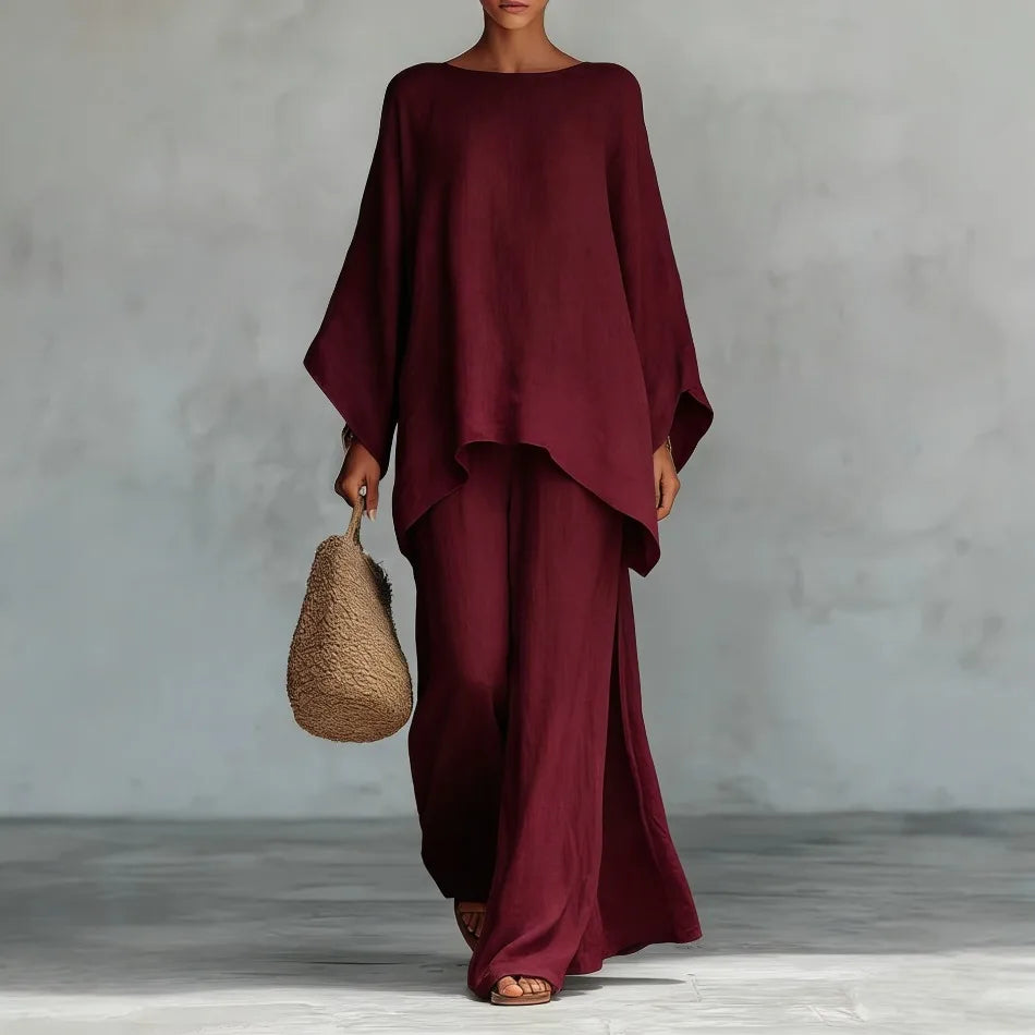 Women's Summer 2-Piece Set Elegant Long Sleeve Top with Casual Wide Leg Pants Fashionable Beach Vacation Outfit