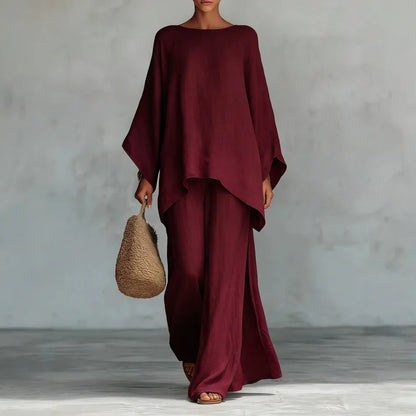 Women's Summer 2-Piece Set Elegant Long Sleeve Top with Casual Wide Leg Pants Fashionable Beach Vacation Outfit