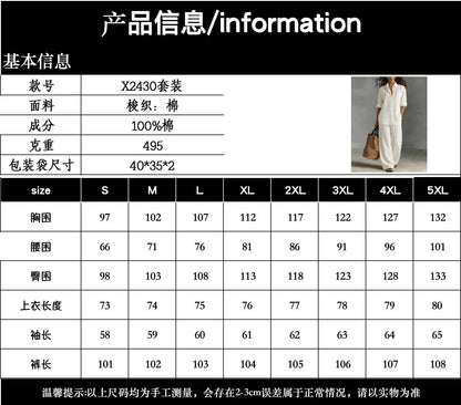Spring Autumn Loose Cotton Linen Wide Leg Trousers Female Office 2piece Set