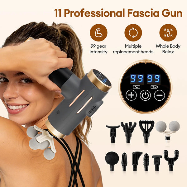 11-IN-1 Electric Massage Gun 99 Level Powerful Fascia Gun High-Frequency Vibration Body Massage Gun Arms Leg Muscle