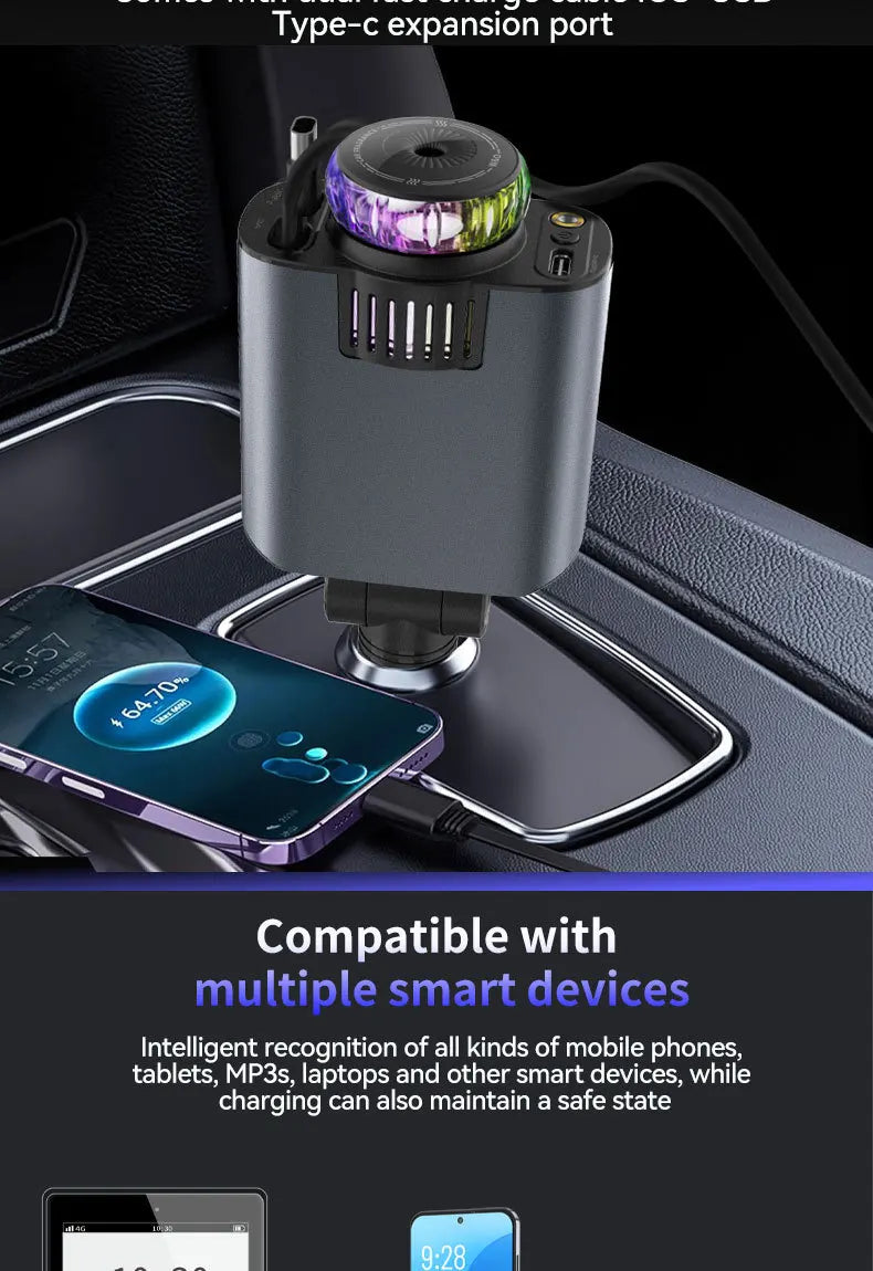 5-In-1 Car Aromatherapy Essential Oil Diffuser Starry Light 45W Retractable Phone Charger with IOS Type C PD30W Cable For IPhone
