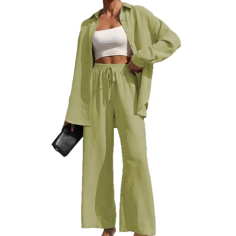 Spring Summer Women Matching Sets Shirts Blouses Solid Color Long Cardigan Pants Trousers Outfits Suits Tracksuits Casual