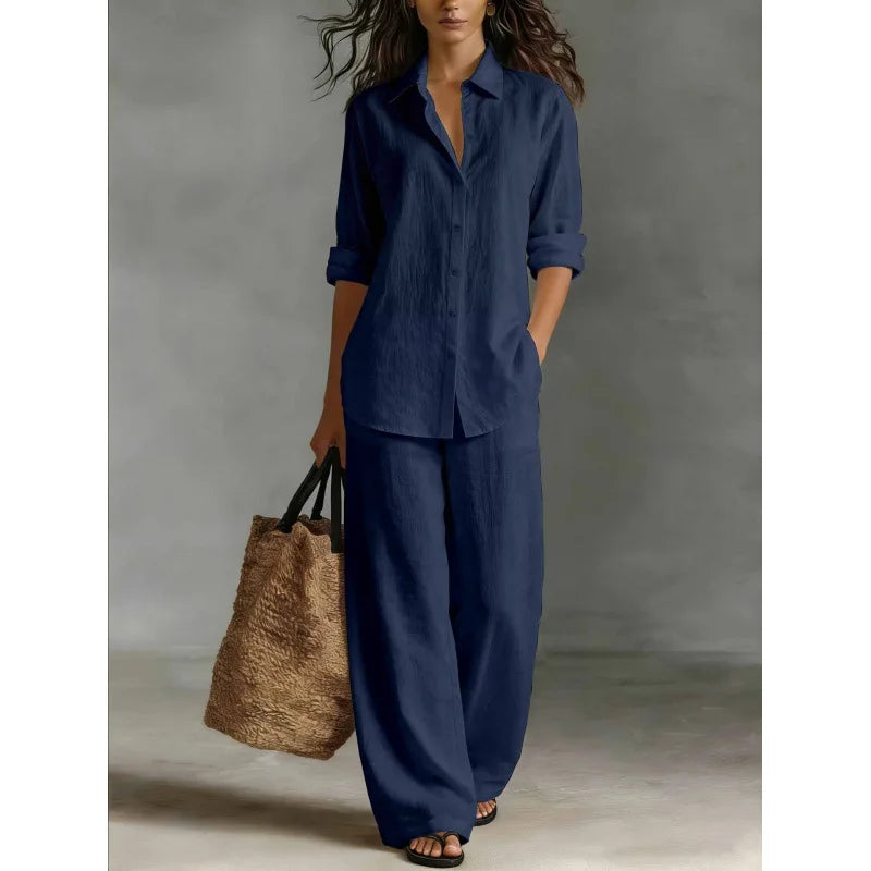 Spring Autumn Loose Cotton Linen Wide Leg Trousers Female Office 2piece Set