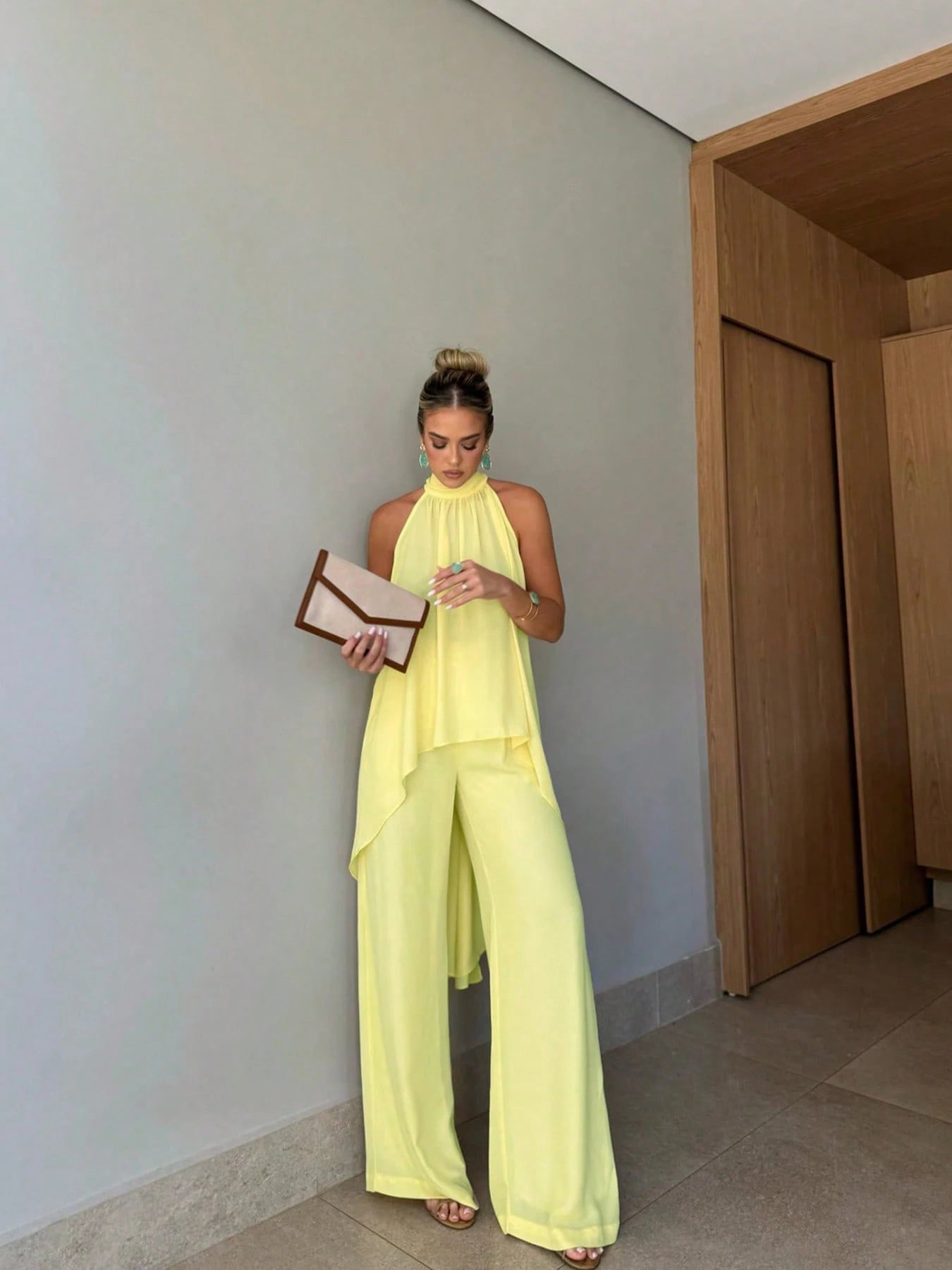Ladies Elegant Chiffon Solid Color Semi-Transparent Top Bottoms Set Fashionable Translucent Outfit for Women