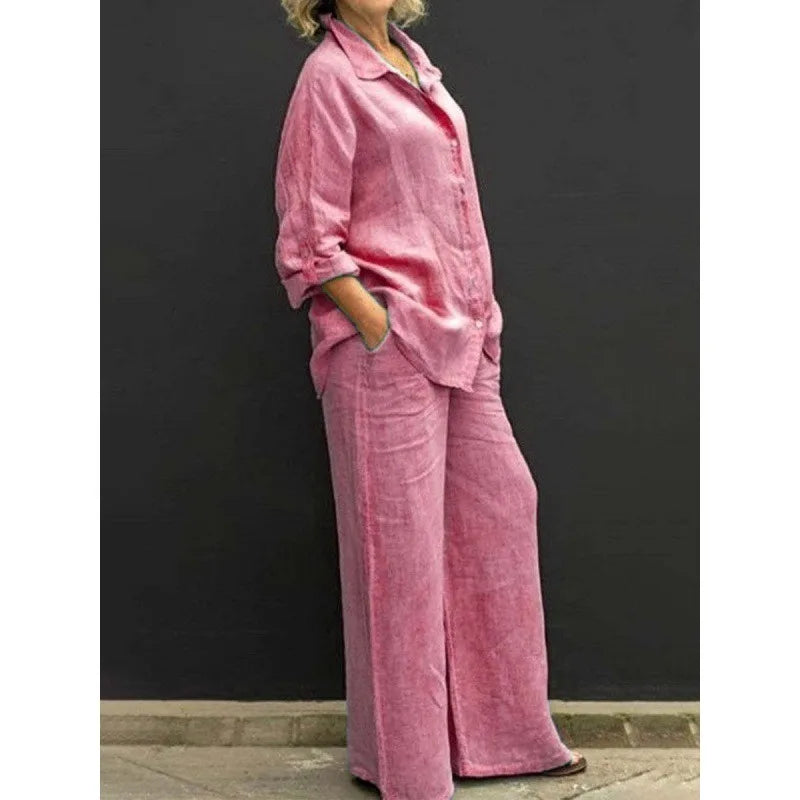 Spring and summer cotton linen suit women's lapel long sleeve loose shirt high waist wide leg pants casual two-piece suit
