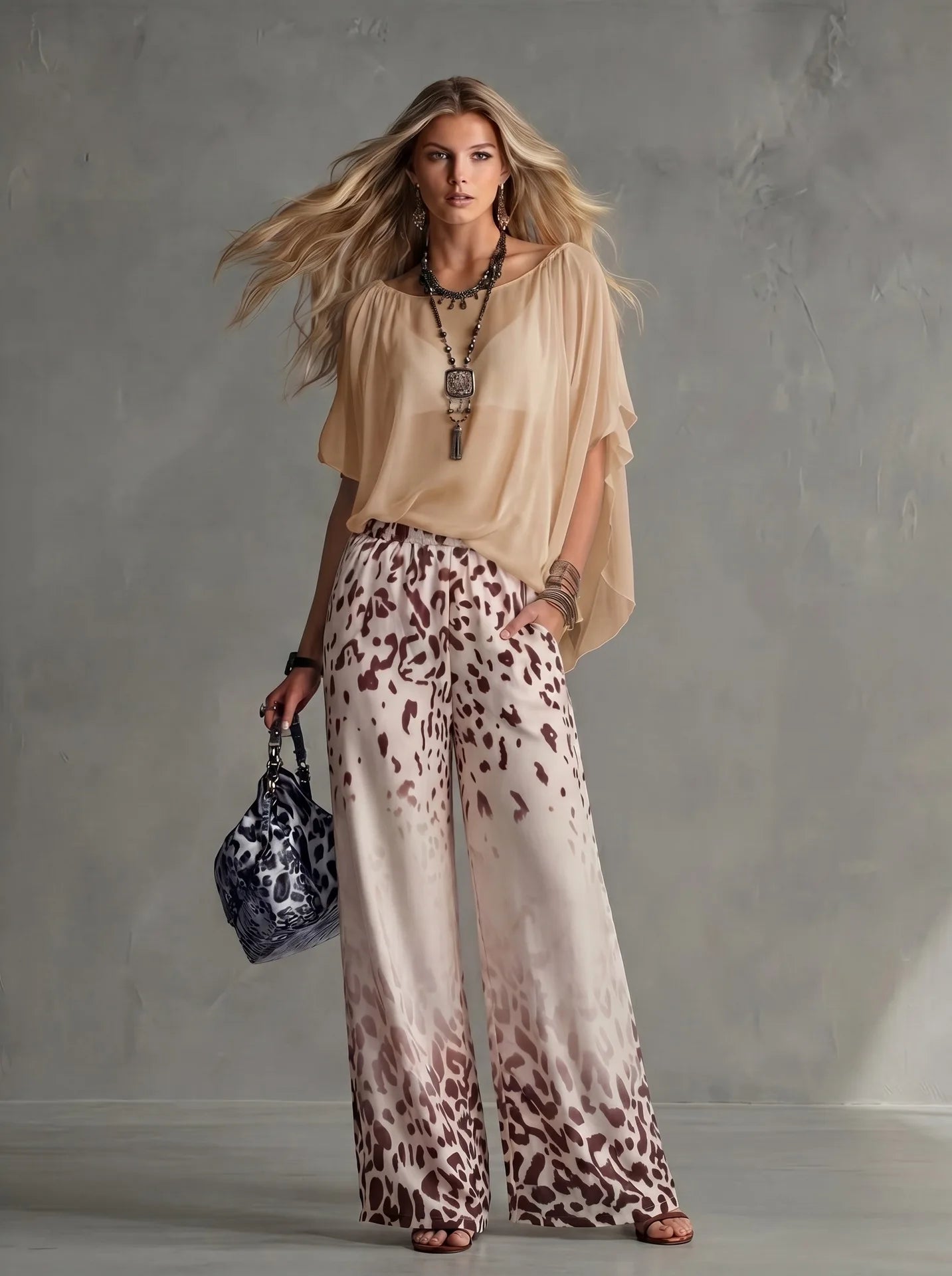 Women Fashion 2-Piece Outfit Flowy Batwing Sleeves Chiffon Blouse Gradient Leopard Print Wide Leg Pants Casual Summer Co-Ord Set