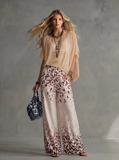 Women Fashion 2-Piece Outfit Flowy Batwing Sleeves Chiffon Blouse Gradient Leopard Print Wide Leg Pants Casual Summer Co-Ord Set