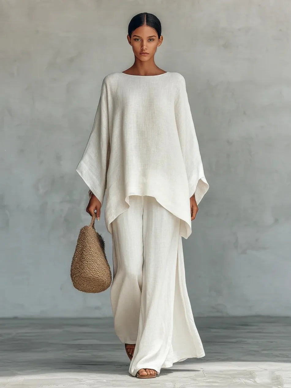 Women's Summer 2-Piece Set Elegant Long Sleeve Top with Casual Wide Leg Pants Fashionable Beach Vacation Outfit