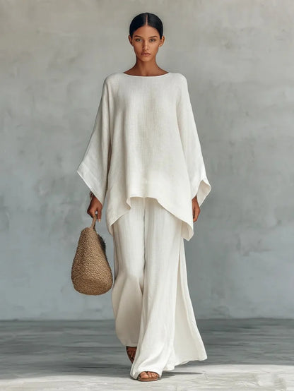 Women's Summer 2-Piece Set Elegant Long Sleeve Top with Casual Wide Leg Pants Fashionable Beach Vacation Outfit