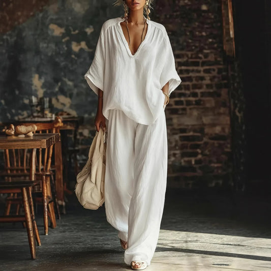 2026 Women's Fashion Casual Solid Color V-Neck Loose Short-Sleeve Casual Long Pants Two-Piece Set Women's Clothing