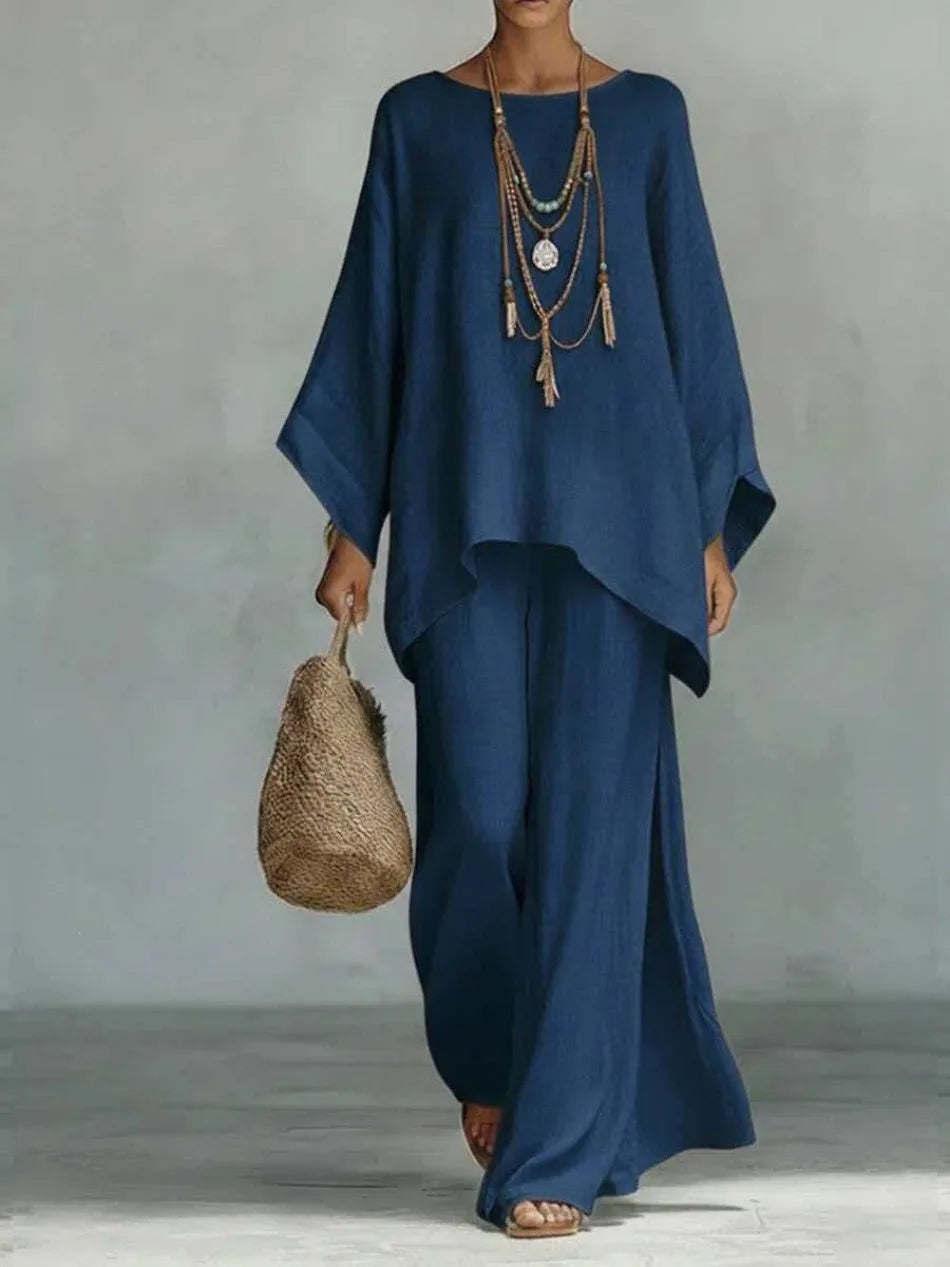 Women's Summer 2-Piece Set Elegant Long Sleeve Top with Casual Wide Leg Pants Fashionable Beach Vacation Outfit