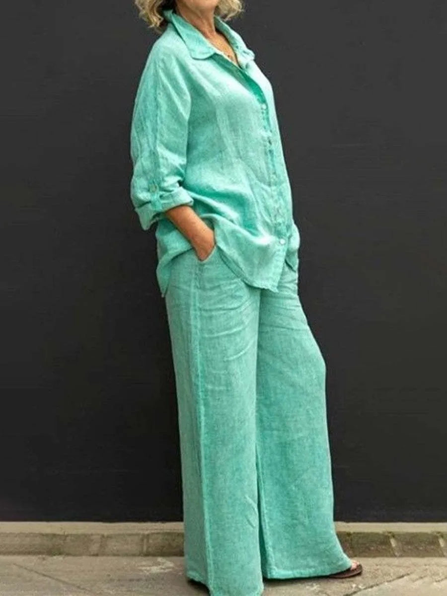 Spring and summer cotton linen suit women's lapel long sleeve loose shirt high waist wide leg pants casual two-piece suit