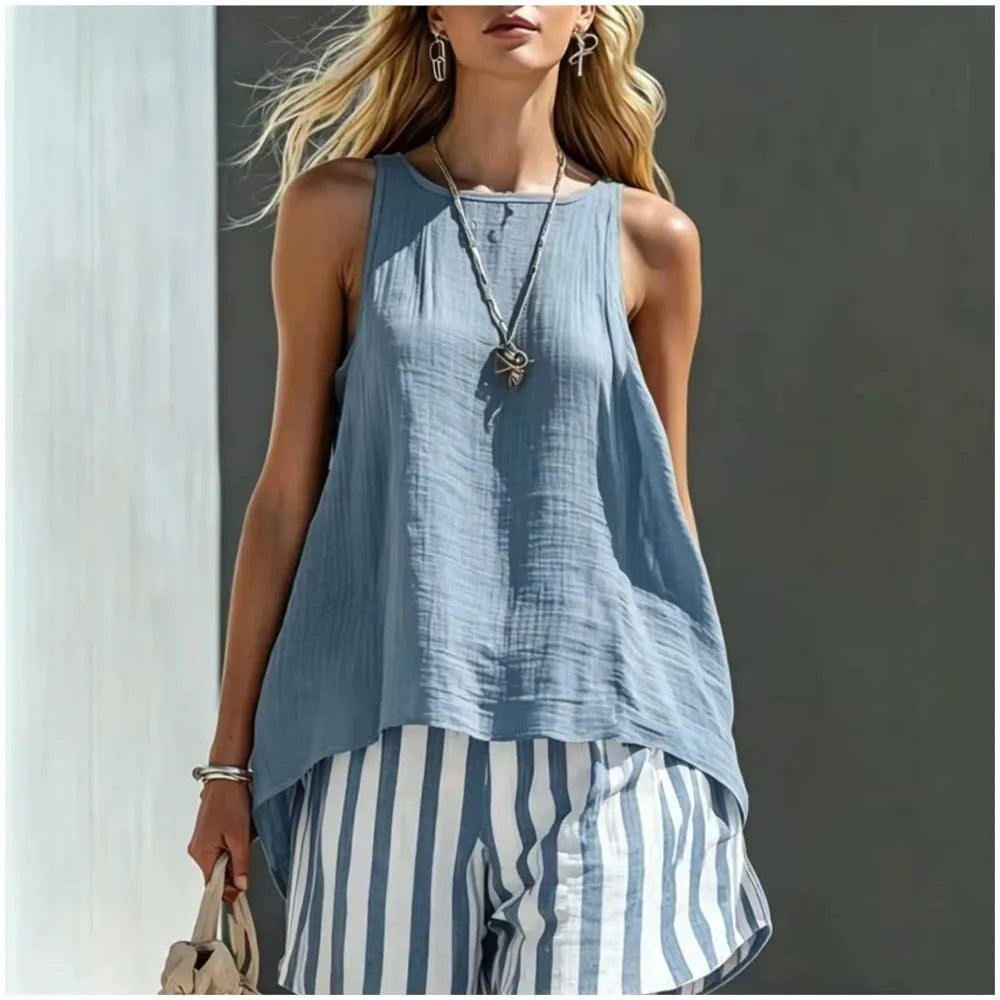 Fashion Solid Color Sleeveless Top Printed Striped Shorts Women's 2 Piece Set Summer Casual Seaside Vacation Female Shorts Set